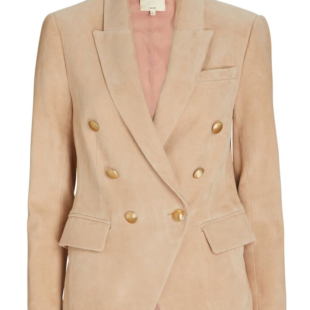 L'AGENCE Kenzie Double-Breasted Suede Blazer Beige